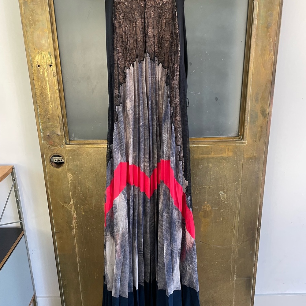 BCBGMaxAzria Runway gown in Black, Blue, and Red… high neck lace maxi dress - Picture 8 of 8